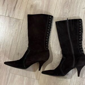 Gianni Bini June Boots mid calf heels zip brown suede leather size 8 1/2 medium.